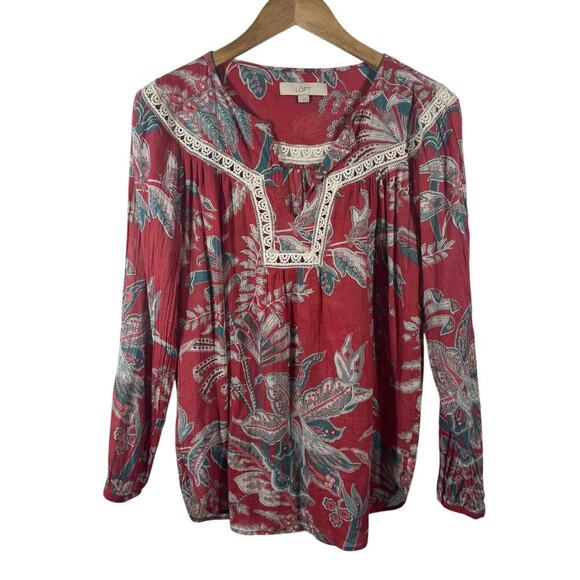 Ann Taylor Loft Top Women S Blue Red Boho Peasant Long Sleeve Crochet Spring - Picture 1 of 4